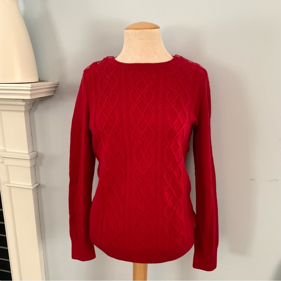 Talbots red cable knit sweater with crewneck & button shoulder Size M ❤️ - Picture 5 of 12